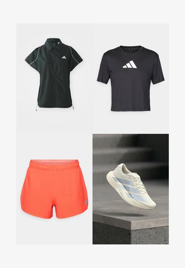 adidas Sportswear STADIUM COVER - Γιλέκο - black/off-white; Μαύρο κοντό μπλουζάκι φτιαγμένο από λεία ύλη, διαθέτει λευκό λογότυπο Adidas στο στήθος, στρογγυλή λαιμόκοψη και κοντά μανίκια.; Ανδρικά σορτς τρεξίματος σε φωτεινό κοραλί, κατασκευασμένα από αναπνεύσιμο ύφασμα με διάτρητη υφή. Διαθέτουν ελαστική μέση και μπλε λογότυπο.; Λευκό αθλητικό παπούτσι με μπλε ρίγες, δεμένα κορδόνια, αιωρείται πάνω από μια τσιμεντένια άκρη με φόντο μια θολή σκάλα.