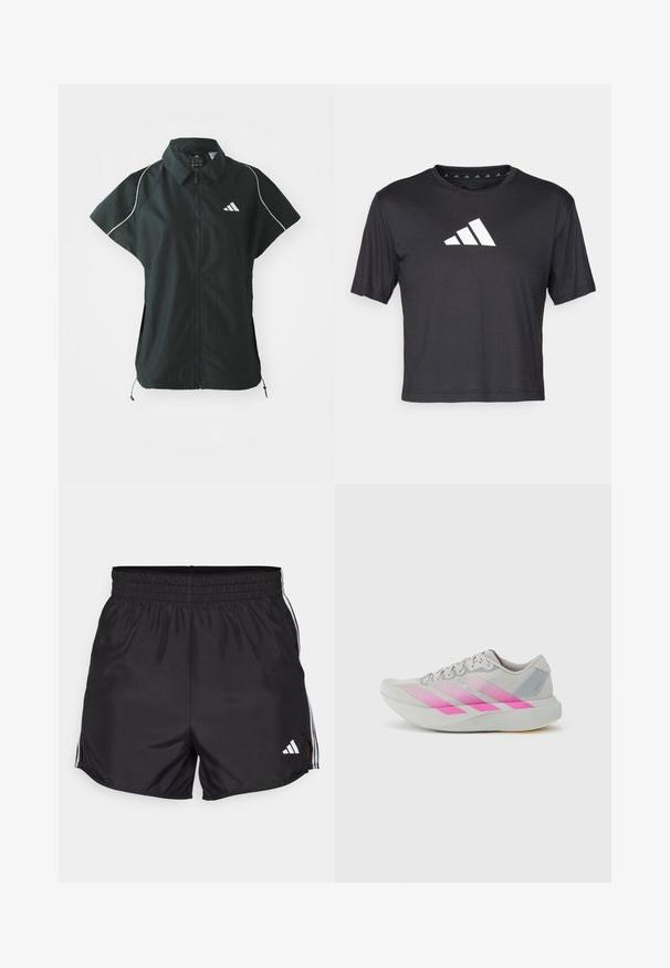 adidas Sportswear STADIUM COVER - Vesta - black/off-white; Čierne skrátené tričko z hladkej tkaniny, s bielym logom Adidas na hrudi, okrúhlym výstrihom a krátkymi rukávmi.; Čierne športové šortky s elastickým pásom, bočnými rozparkami a bielymi trojpruhmi. Obsahujú malé biele logo v dolnom pravom rohu.; Svetlosivá bežecká obuv s ružovými pruhmi v prechode farieb, zaoblenou špičkou, textúrovaným zvrškom a plochou podrážkou s jemnými akcentmi a detailmi loga.