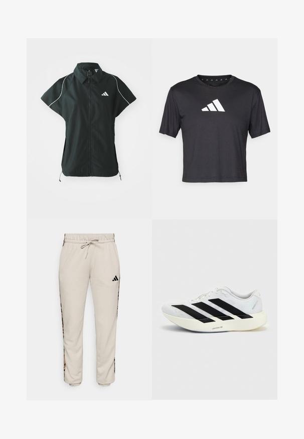 adidas Sportswear STADIUM COVER - Vest - black/off-white; Sort cropped t-shirt lavet af glat stof, prydet med et hvidt Adidas-logo på brystet, rund halsudskæring og korte ærmer.; Lys beige sweatpants lavet af blødt stof, med en snøre i taljen og sorte sideløbere med et leopardmønster.; Hvid løbesko med sort tre-stribet design på siden og tyk hvid sål mærket "Lightstrike Pro" på ensfarvet baggrund.
