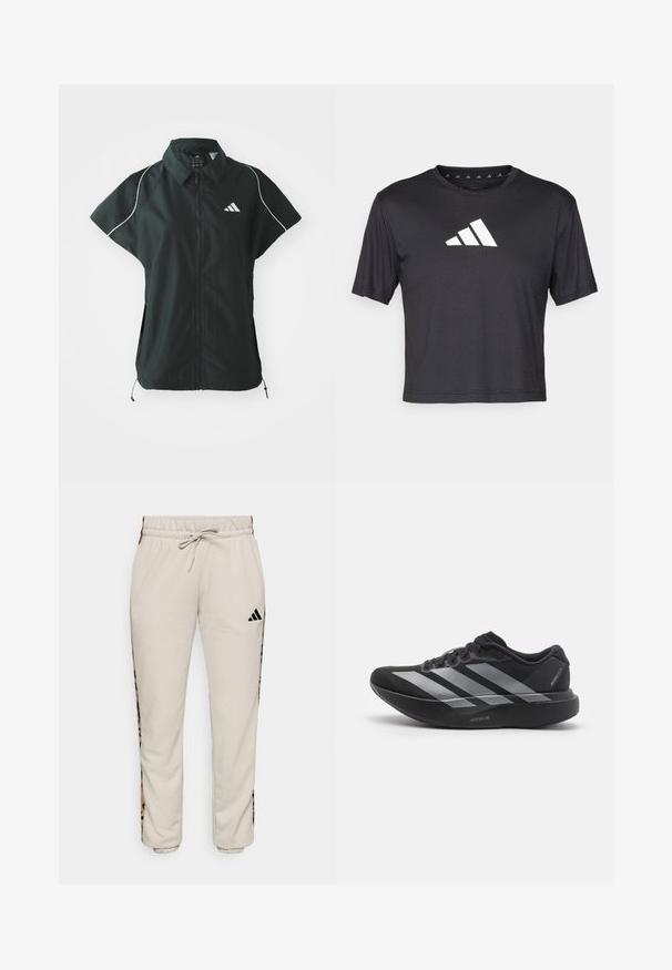 adidas Sportswear STADIUM COVER - Weste - black/off-white; Schwarzes kurz geschnittenes T-Shirt aus glattem Material, mit einem weißen Adidas-Logo auf der Brust, runder Ausschnitt und kurzen Ärmeln.; Hellbeige Sweatpants aus weichem Stoff, mit einem verstellbaren Bund und schwarzen Seitenpaneelen mit einem Leopardenmuster.; Schwarzer Laufschuh mit silbernen Streifen, dicke gepolsterte Sohle beschriftet "Lightstrike Pro", Seitenansicht auf weißem Hintergrund.