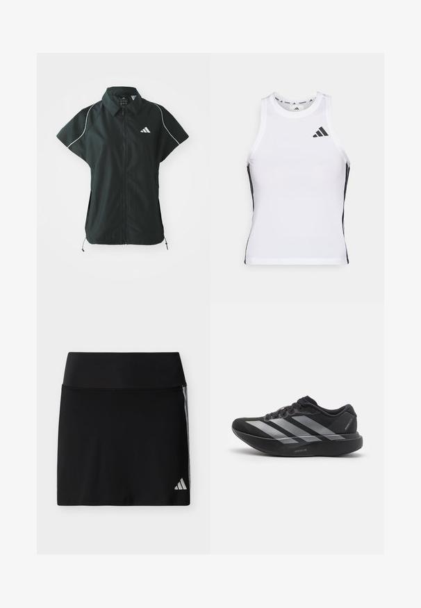 adidas Sportswear STADIUM COVER - Bodywarmer - black/off-white; Witte sportieve tanktop met zwarte zijaccenten en logo. Heeft een ronde halslijn en een getailleerd design, gemaakt van lichtgewicht, ademend materiaal.; Zwarte sportieve rok met brede tailleband, subtiele zijstrepen en een klein Adidas-logo op de onderste rechterzoom.; Zwarte hardloopschoen met zilveren strepen, dikke gedempte zool met het label "Lightstrike Pro," zijaanzicht op witte achtergrond.