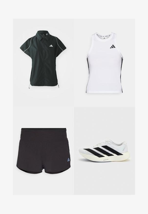 adidas Sportswear STADIUM COVER - Vesta - black/off-white; Biely športový tielko s čiernymi bočnými akcentami a logom. Má výstrih v tvare lode a priliehavý strih, vyrobené z ľahkého, priedušného materiálu.; Čierne športové šortky s textúrovaným povrchom, so širokým pásom a svetlomodrým logom Adidas na dolnej ľavej strane.; Biela bežecká topánka s čiernym dizajnom so tromi pruhmi na boku a hrubou bielou podrážkou označenou "Lightstrike Pro" na jednofarebnom pozadí.