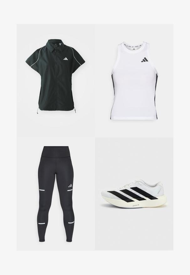 adidas Sportswear STADIUM COVER - Vest - black/off-white; Hvid athletic tanktop med sorte sideaccentuer og logo. Har en scoop-neckline og tætsiddende design, lavet af letvægts, åndbart materiale.; Sorte leggings med høj talje, lavet af glat materiale. Har hvide reflekterende striber nær knæene og et Adidas-logo.; Hvid løbesko med sort tre-stribet design på siden og tyk hvid sål mærket "Lightstrike Pro" på ensfarvet baggrund.