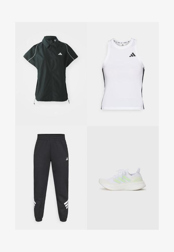 adidas Sportswear STADIUM COVER - Bodywarmer - black/off-white; Witte sportieve tanktop met zwarte zijaccenten en logo. Heeft een ronde halslijn en een getailleerd design, gemaakt van lichtgewicht, ademend materiaal.; Zwarte sweatpants met een elastische tailleband, taps toelopende benen en een wit drie-strepenontwerp aan de zijkanten. Gemaakt van zachte stof.; adidas Performance ULTRABOOST 5 W - Hardloopschoenen voor op de weg - white/semi green spark/grey one
