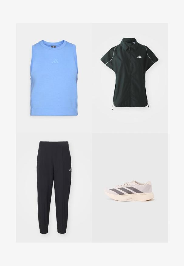 adidas Sportswear STADIUM COVER - Vest - black/off-white; Sinine varrukateta sporditopp, mis on valmistatud pehmest ja venivast kangast. Omab ümmargust kaelust ja toon-toonis logo ees.; Mustad mustreeritud sportpüksid, mis on valmistatud siledast kangast. Kitsenev disain elastsete mansettidega. Vasakul puusal on väike valge logo.; Kerged sporditossud helelilla ja halli toonis, millel on võrguline pealmine osa, kolm tumedat triipu ning paks kreemjas tallaosa, millel on silt "LIGHTSTRIKE PRO".