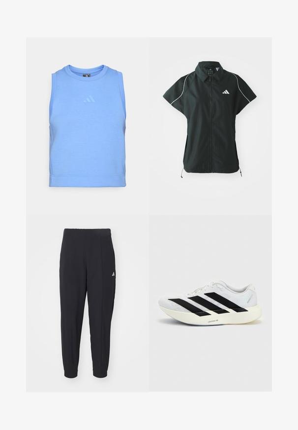 adidas Sportswear STADIUM COVER - Vesta - black/off-white; Modrá bezrukávová športová košeľa vyrobená z mäkkej, elastickej tkaniny. Má okrúhly výstrih a tónovaný logo na prednej strane.; Čierne športové nohavice vyrobené z hladkej tkaniny. Zúžený strih s elastickými manžetami. Obsahujú malé biele logo na ľavom boku.; Biela bežecká topánka s čiernym dizajnom so tromi pruhmi na boku a hrubou bielou podrážkou označenou "Lightstrike Pro" na jednofarebnom pozadí.