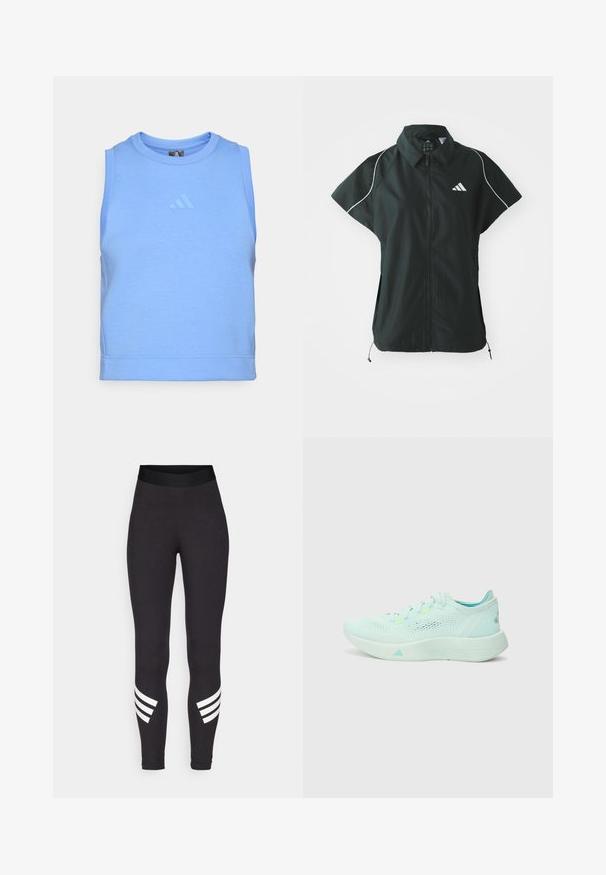 adidas Sportswear STADIUM COVER - Vesta - black/off-white; Modrá bezrukávová športová košeľa vyrobená z mäkkej, elastickej tkaniny. Má okrúhly výstrih a tónovaný logo na prednej strane.; Čierne legíny vyrobené z elastického materiálu, s širokým pásom a tromi bielymi horizontálnymi pruhmi blízko dolnej časti nôh.; Svetlomodrá bežecká obuv s sieťovinovým zvrškom, textúrovanou podrážkou a polstrovaným golierom. Obsahuje neonové akcenty a aerodynamický dizajn.