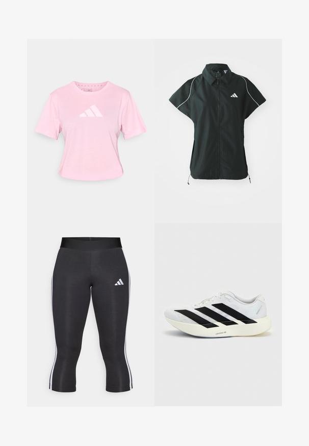 adidas Sportswear STADIUM COVER - Γιλέκο - black/off-white; Ροζ βαμβακερό T-shirt με κοντά μανίκια, στρογγυλή λαιμόκοψη και λευκό τριγωνικό λογότυπο στο εμπρόσθιο μέρος. Διαθέτει κοντό σχεδιασμό και μαλακή υφή.; Μαύρο κολάν καπρί με φαρδύ λάστιχο, διαθέτοντας λευκές κάθετες ρίγες στα πλάγια και το λογότυπο της Adidas σε λευκό χρώμα στο αριστερό μηρό. Λείος υφασμάτινος ιστός.; Λευκό αθλητικό παπούτσι με μαύρο σχέδιο τριών ρίγων στην πλευρά και παχιά λευκή σόλα με την ετικέτα "Lightstrike Pro" σε μονόχρωμο φόντο.