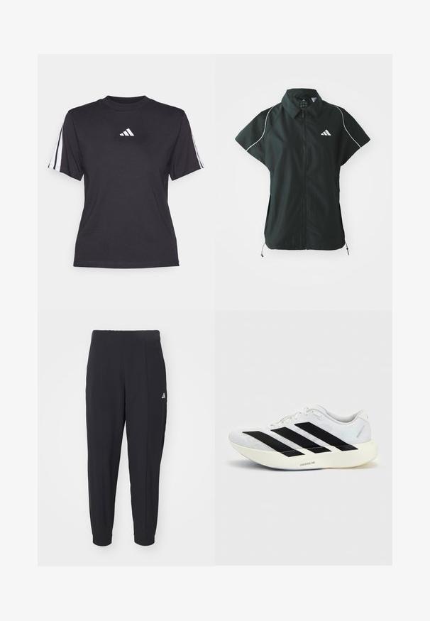 adidas Sportswear STADIUM COVER - Vesta - black/off-white; Čierne športové tričko vyrobené z mäkkého materiálu, s klasickým okrúhlym výstrihom, krátkymi rukávmi a tromi bielymi pruhmi na každom ramene. Biely logo na hrudi.; Čierne športové nohavice vyrobené z hladkej tkaniny. Zúžený strih s elastickými manžetami. Obsahujú malé biele logo na ľavom boku.; Biela bežecká obuv s tromi čiernymi pruhmi na boku, odpružená podrážka označená Lightstrike Pro a šnurovací dizajn.