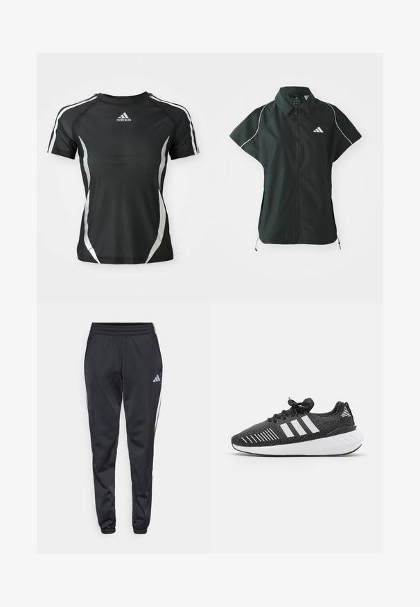 adidas Sportswear STADIUM COVER - Vesta - black/off-white; Čierne športové tričko Adidas s krátkym rukávom, s bielymi pruhmi na ramenách a striebornými zakrivenými akcentmi po stranách.; Čierne športové nohavice s elastickým pásom, zúženými nohavicami a bielymi bočnými pruhmi. Na ľavom stehne je malé šedé logo trefoil.; Čierne športové topánky s textúrovaným zvrškom, bielym trojprúžkovým dizajnom, gumovou podrážkou a kontrastnými bielymi akcentmi na päte.