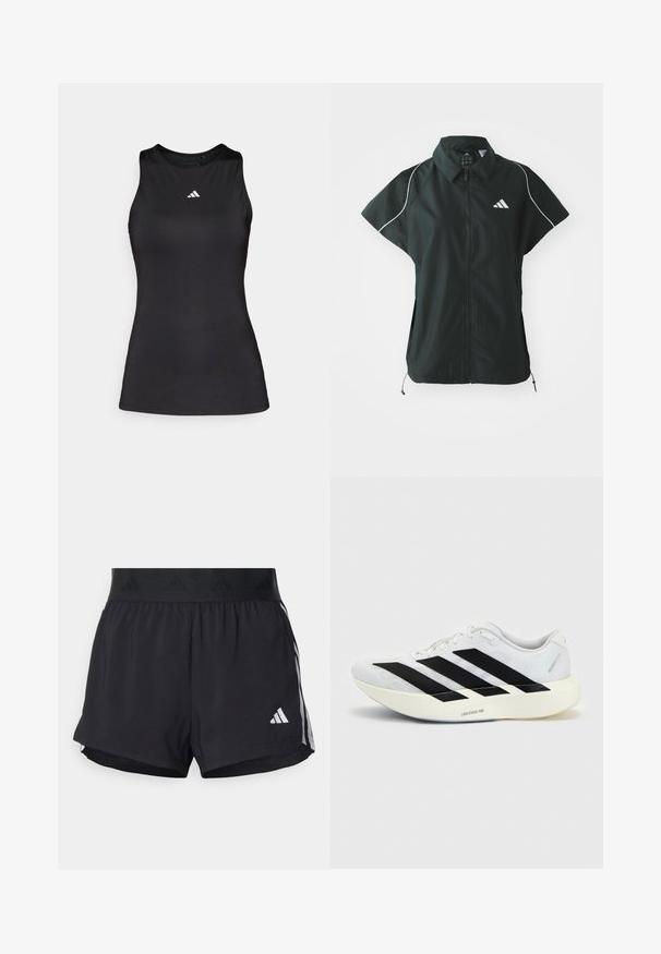 adidas Sportswear STADIUM COVER - Veste sans manches - black/off-white; Débardeur de sport noir sans manches en tissu lisse. Il présente un col rond et un petit logo Adidas blanc sur la poitrine.; Shorts de sport noirs avec une taille élastique, dotés d'une bande texturée, de rayures sur les côtés, et d'un logo Adidas blanc sur l'ourlet inférieur.; Chaussure de running blanche avec motif trois bandes noires sur le côté et semelle blanche épaisse étiquetée "Lightstrike Pro" sur fond uni.