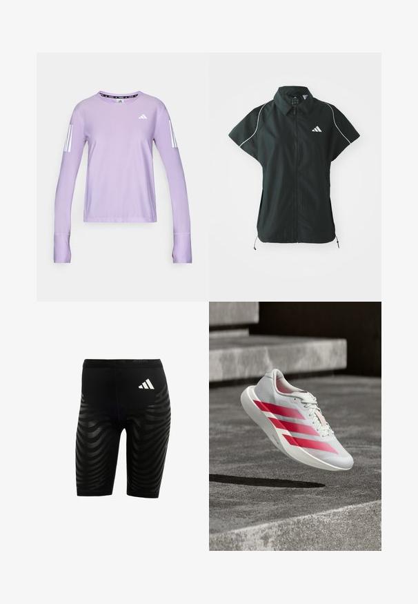 adidas Sportswear STADIUM COVER - Veste sans manches - black/off-white; T-shirt de sport à manches longues lilas en tissu texturé. Présente trois rayures blanches sur chaque manche et un col rond avec un détail de logo noir.; Shorts de sport noirs avec un design texturé comprenant des rayures ondulées. Logo blanc sur la ceinture, fabriqués en matériau évacuant l'humidité.; Chaussure de course blanche avec trois bandes rouges audacieuses, en plein vol au-dessus d'escaliers en béton, mettant en valeur un design léger et une semelle texturée.