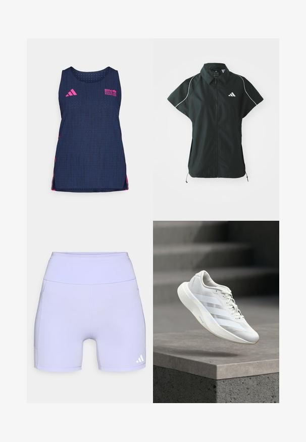adidas Sportswear STADIUM COVER - Γιλέκο - black/off-white; adidas Performance BER25 TANK - Μπλούζα - collegiate navy; Λιλά αθλητικά σορτς φτιαγμένα από εύκαμπτο ύφασμα, με ψηλό μέσο και πλαϊνές ραφές, διακοσμημένα με λευκό λογότυπο στο κάτω μέρος.; Άσπρο αθλητικό παπούτσι με υφασμένο επάνω μέρος, τρεις πλαϊνές ρίγες, μαξιλαρωμένη σόλα και στρογγυλεμένη μύτη, τοποθετημένο πάνω σε σκυρόδεμα.