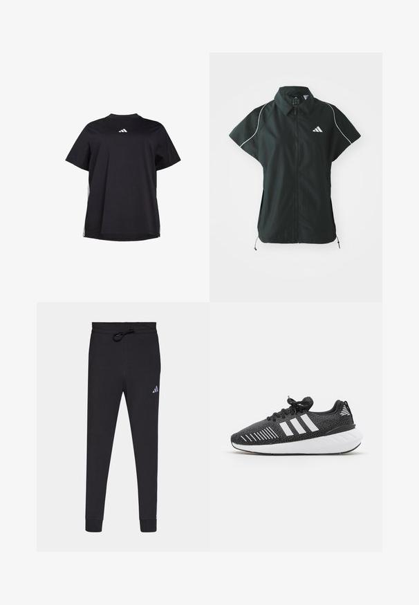 adidas Sportswear STADIUM COVER - Weste - black/off-white; Schwarzes T-Shirt mit kurzen Ärmeln aus weichem Stoff, ausgestattet mit einem weißen horizontalen Akzent an den Seiten und einem weißen Logo auf der Brust.; Schwarze Sporthose aus weichem Stoff, mit einem Kordelzugbund, schmal zulaufenden Beinen und einem kleinen weißen Adidas-Logo am linken Oberschenkel.; Schwarze Sportschuhe mit einer strukturierten Oberseite, einem weißen Drei-Streifen-Design, einer Gummisohle und kontrastierenden weißen Akzenten an der Ferse.