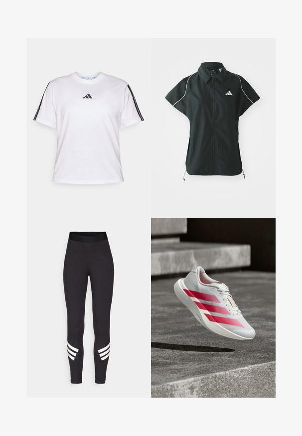 adidas Sportswear STADIUM COVER - Vest - black/off-white; Valge puuvillane T-särk, millel on ümmargune kaelus, lühikesed varrukad ja mustad kolme riba aktsendid õlgadel, koos Adidas'i logoga rinnas.; Mustad venitusmaterjalist mustad retuusid, millel on lai vöökoht ja kolm valget horisontaalset triipu alumiste jalgade lähedal.; Valge jooksujalanõu, millel on kolm julget punast triipu, keset õhku betoonastmete kohal, mis näitab kerget disaini ja tekstureeritud tallaga.