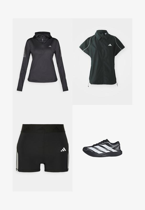 adidas Sportswear STADIUM COVER - Vest - black/off-white; Sort langærmet sports hoodie med kvart lynlås, struktureret stof, justerbar hætte og reflekterende striber på ærmerne. Har logo på brystet.; Sorte atletiske shorts lavet af strækbart materiale. Har en bred sort talje med præget logo og hvide sidestriber.; Sort og grå løbesko med tre store hvide striber på siden og tyk sort sål mærket "Lightstrike Pro."
