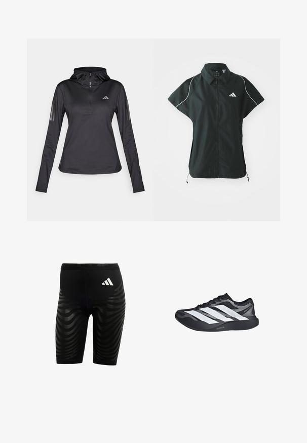 adidas Sportswear STADIUM COVER - Chaleco - black/off-white; Sudadera atlética negra de manga larga con Media cremallera, tejido texturizado, capucha ajustable y franjas reflectantes en las mangas. Presenta un logotipo en el pecho.; Pantalones cortos deportivos negros con un diseño texturizado que presenta franjas onduladas. Logo blanco en la cintura, fabricados con material que absorbe la humedad.; Zapatilla de correr negra y gris con tres grandes rayas blancas en el lateral y suela gruesa negra etiquetada como "Lightstrike Pro".