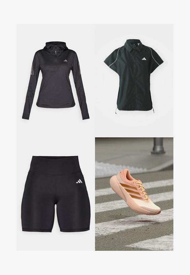 adidas Sportswear STADIUM COVER - Γιλέκο - black/off-white; Μαύρα αθλητικά φούτερ μακρύ μανίκι με τεταρτοτελείωση, υφασμάτινη υφή, ρυθμιζόμενη κουκούλα και ανακλαστικές ρίγες στα μανίκια. Διαθέτει λογότυπο στο στήθος.; Μαύρα αθλητικά σορτς από ελαστικό ύφασμα, με ψηλό μέσο, απαλό υφή και λευκό λογότυπο με τρεις ρίγες στο πλάι.; Ανοιχτό ροδακινί αθλητικό παπούτσι με πορτοκαλί ρίγες, στον αέρα πάνω από μια υφασμένη διάβαση πεζών σε ασφαλτοστρωμένο δρόμο.