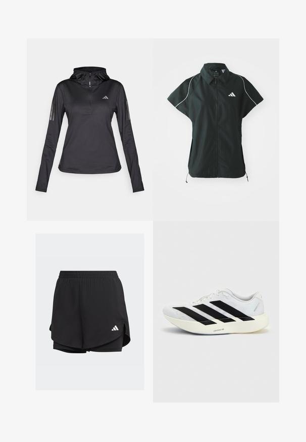 adidas Sportswear STADIUM COVER - Vest - black/off-white; Sort langærmet sports hoodie med kvart lynlås, struktureret stof, justerbar hætte og reflekterende striber på ærmerne. Har logo på brystet.; Sorte atletiske shorts med elastisk talje, lagdelt design, indvendige tætsiddende shorts og et hvidt logo på nederste venstre side.; Hvid løbesko med sort tre-stribet design på siden og tyk hvid sål mærket "Lightstrike Pro" på ensfarvet baggrund.