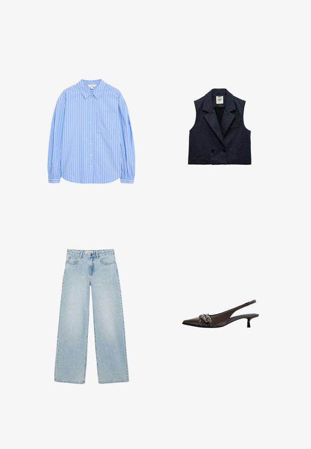 Marineblå denim ærmeløs blazer med reverskrave, dobbeltknaplukning og en enkelt brystlomme. Glat, robust tekstur.; Lys blå langærmet skjorte med knapper, hvide lodrette striber, kravedesign, en lomme på venstre bryst og sammenfaldne ærmer ved manchetterne.; Lyseblå bukser med vide ben, for- og baglommer, knap- og lynlås-lukning samt diskrete rhinstenudsmykninger.; Brun slingback-sko med spids snude og lav hæl; har dekorative metal-accenter og en glat, skinnende overflade.