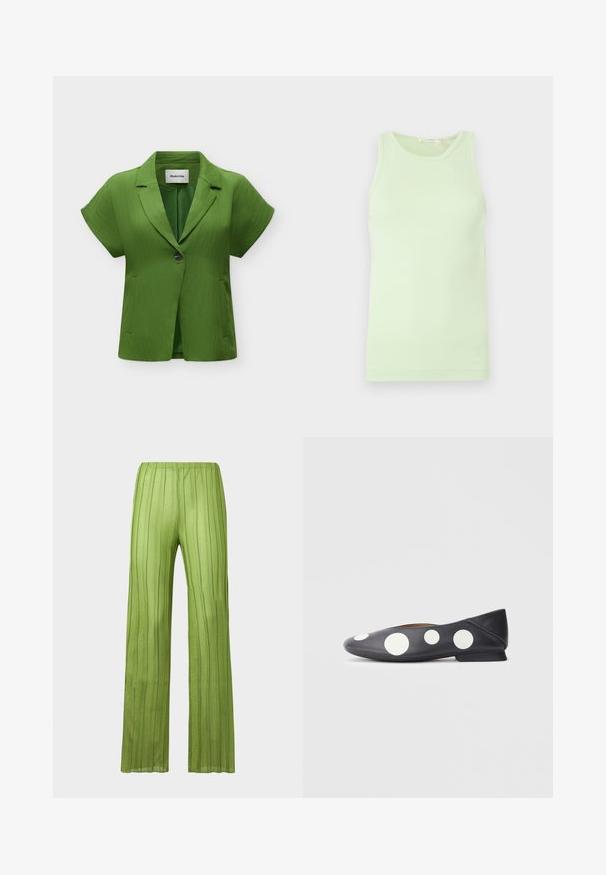 Blazer vert à manches courtes avec une fermeture à un bouton, revers crantés et poches avant, présenté sur un fond clair uni.; Débardeur vert clair sans manches avec encolure ronde, tissu lisse et détail subtil du logo sur l'ourlet inférieur.; Pantalon vert à jambes larges en matériau transparent avec une texture côtelée verticale. Doté d'une ceinture élastique pour plus de confort et un ajustement décontracté.; Ballerines en cuir noir ornées de gros pois blancs, avec un bout arrondi et un petit talon. Texture lisse avec un minimum de coutures apparentes.
