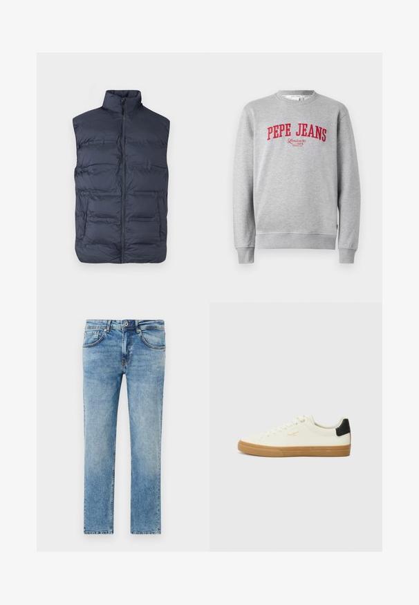 Tumesinine polsterdatud varrukateta vest esiluku ja kõrge kraega, loodud soojapidavuseks ja vabaaja kandmiseks.; Hallhalli hall olev hall sweatshirt, millel on punane brodeeritud "PEPE JEANS" logo ja allpool tekst "London W1 1973", soonikkoes varrukad ja alläär.; Heledad sinised teksad, mis on valmistatud denimist, sirge jala disainiga, viie taskuga, peente õmbluse detailide ja pleekinud viimistlusega.; Valge kanva sneaker, millel on kummi tald, musta kanna aktsent, ümmargune nina ja nööriga disain. Külgedel on brändi logo kuldsetes varjundites.