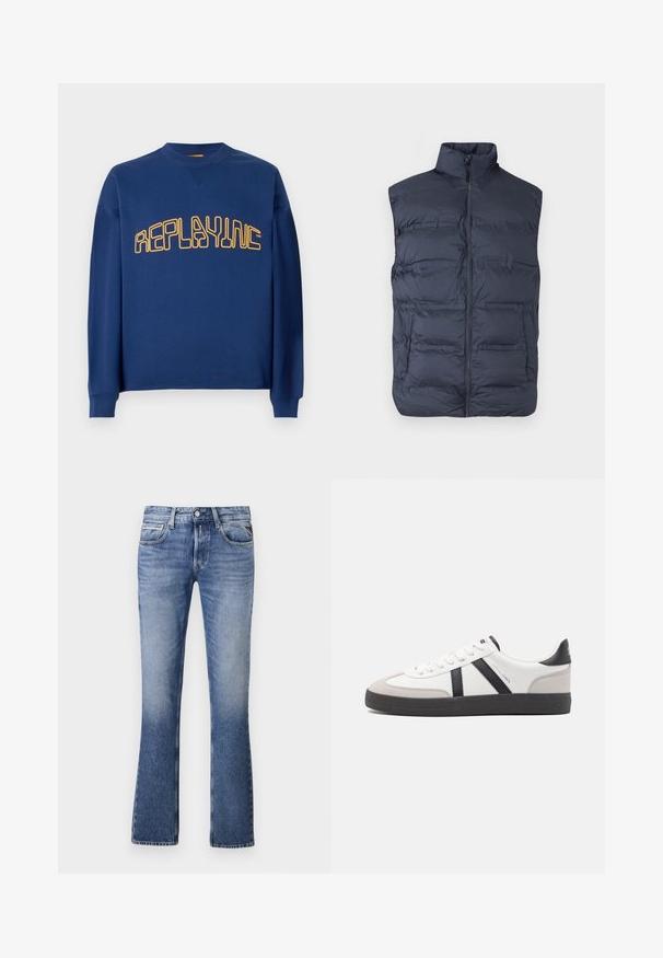 Marineblaue, gepolsterte ärmellose Weste mit Vorderreißverschluss und hohem Kragen, entworfen für Wärme und lässiges Tragen.; Navyblauer Rundhalsausschnitt-Pullover mit langen Ärmeln und gelbem, stilisiertem "REPLAYINC"-Text auf der Brust.; Helle Blaujeans aus Denim mit einem ausgestellten Bein-Design, das fünf Taschen, einen Knopfverschluss vorne und dezente Verblassungen aufweist.; Weiße Sneaker mit schwarz- und grau-aczenten, ausgestattet mit einer strukturierten grauen Zehenkappe, schwarzer Gummi-Sohle und flachen weißen Schnürsenkeln. Sauberes Design, minimalistische Stil.
