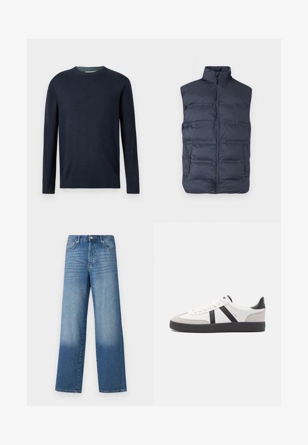 Marineblauw gewatteerd mouwloos vest met ritssluiting aan de voorkant en hoge kraag, ontworpen voor warmte en casual gebruik.; Marineblauwe crewneck trui met lange mouwen en geribde manchetten en zoom, weergegeven tegen een effen lichte achtergrond.; Blauwe high-waisted straight-leg jeans met vervagingen op de dijen en donkerdere schaduwen nabij de zoom, met zichtbare knoop en zakken aan de voorkant.; Witte sneaker met zwarte en grijze accenten, voorzien van een grijze neus met textuur, zwarte rubberen zool en platte witte veters. Schoon ontwerp, minimalistische stijl.