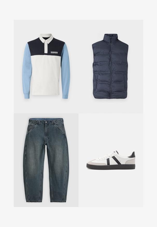 Chaleco acolchado sin mangas en azul marino con cremallera frontal y cuello alto, diseñado para brindar calor y un uso casual.; Camisa polo de manga larga con un cuerpo blanco, hombros azul marino y mangas azul claro. Incluye un cuello y un logo en el pecho.; Vaqueros de mezclilla de color gris oscuro de talle alto con bolsillos delanteros inclinados, cierre de botón, trabillas para el cinturón y piernas ligeramente entalladas.; Zapatilla blanca con acentos en negro y gris, que presenta una puntera texturizada en gris, suela de goma negra y cordones planos blancos. Diseño limpio, estilo minimalista.