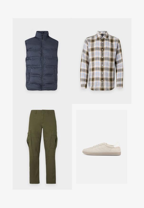 Chaleco acolchado sin mangas en azul marino con cremallera frontal y cuello alto, diseñado para brindar calor y un uso casual.; Camisa de botones a cuadros en verde, azul y crema, con un cuello clásico y mangas largas que presentan patrones de cuadros en contraste y botones blancos.; Pantalones cargo verdes con múltiples bolsillos, incluyendo dos grandes bolsillos laterales con solapa, cierre de botones y presillas para cinturón en la cinturilla.; Zapatilla beige de ante con parte superior texturizada, contrafuerte de talón blanco liso, cordones finos y suela de goma. Presenta un diseño de perfil bajo.