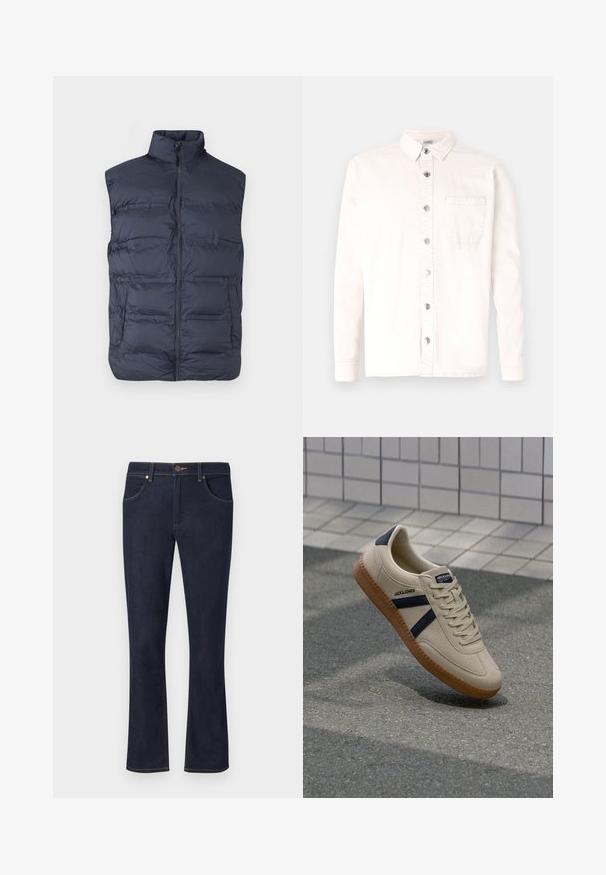 Tumesinine polsterdatud varrukateta vest esiluku ja kõrge kraega, loodud soojapidavuseks ja vabaaja kandmiseks.; Denim Project DPMDPSTITCH DETAIL DENIM SHIRT - Pluus - jet stream; Tumesinised sirgete sääreosadega teksapüksid, eesmine nööpidega kinnitamine, vööaugud ja esimesed taskud ühtlasel heledal taustal.; Bežist sneaker, millel on tekstureeritud viimistlus, tumesinised triibud ja kummi tald. Omab pehmendustega keelt ja traditsioonilist nööpimissüsteemi kindla istuvuse tagamiseks.