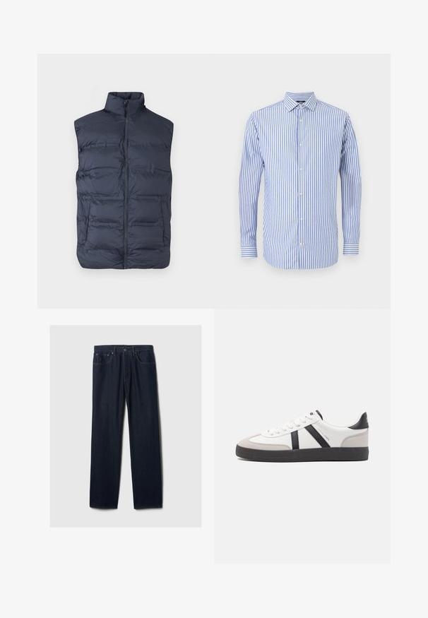 Navyblå polstret ærmeløs vest med lynlås foran og høj krave, designet til varme og afslappet brug.; Blå og hvid stribet button-up skjorte med krave, lange ærmer og lige kant. Blødt stof og klassisk pasform.; Mørkeblå lige ben denim jeans med fem lommer, knaplukning og synlig syning på en ensfarvet lys baggrund.; Hvide sneakers med sorte og grå detaljer, med en tekstureret grå tåhætte, sort gummisål og flade hvide snørebånd. Rent design, minimalistisk stil.