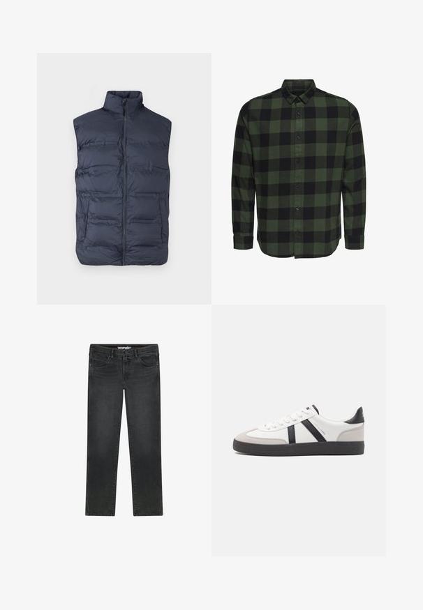 Chaleco acolchado sin mangas en azul marino con cremallera frontal y cuello alto, diseñado para brindar calor y un uso casual.; Camisa de manga larga abotonada con cuello clásico y puños abotonados, de cuadros verdes y negros, mostrada sobre un fondo blanco.; Vaqueros Wrangler negros de corte recto con botón delantero, cremallera, trabillas para el cinturón y diseño de cinco bolsillos sobre fondo blanco.; Zapatilla blanca con acentos en negro y gris, que presenta una puntera texturizada en gris, suela de goma negra y cordones planos blancos. Diseño limpio, estilo minimalista.