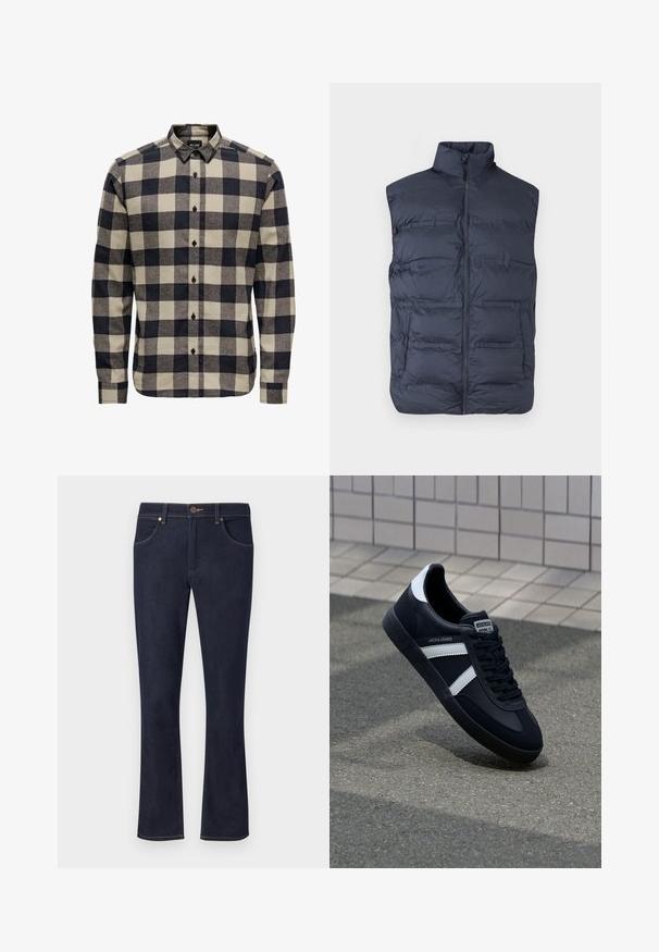 Navyblå polstret ærmeløs vest med lynlås foran og høj krave, designet til varme og afslappet brug.; Herres flannelskjorte i sort og creme, med et klassisk ternet mønster, knap-for-krave og lange ærmer med knapmanchetter.; Mørkeblå denimjeans med lige ben, frontknaplukning, bæltestropper og forlommer på ensartet lys baggrund.; Sort lædersneaker med hvide striber, tekstureret gummisål og snørrebånd foran. Har et brandet mærke på tungen.