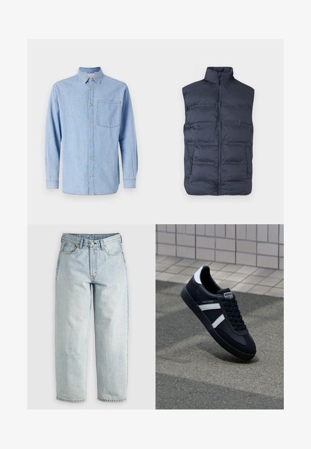Marineblaue, gepolsterte ärmellose Weste mit Vorderreißverschluss und hohem Kragen, entworfen für Wärme und lässiges Tragen.; Helles blaues Denimhemd mit Button-Down-Kragen, langen Ärmeln und einer einzelnen Brusttasche. Mit braunen Knopf-Details und kontrastierenden Nähten.; Hellblaue Jeans aus Denim mit geradem Bein, fünf Taschen und einem Knopfverschluss; mit verblassten Bereichen und dezenten Nähdetails.; Schwarze Leder-Sneaker mit weißen Streifen, strukturiertem Gummisohle und Schnürung. Verfügt über ein Markenetikett auf der Zunge.