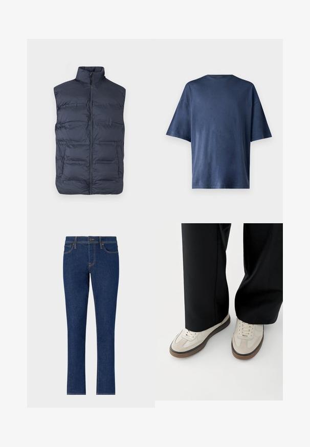 Chaleco acolchado sin mangas en azul marino con cremallera frontal y cuello alto, diseñado para brindar calor y un uso casual.; Camiseta de manga corta azul marino, hecha de una tela suave, con un cuello redondo clásico y un corte relajado, sin patrones ni acentos visibles.; Jeans de mezclilla azul oscuro con un diseño de pierna recta, que cuentan con costuras sutiles, cinco bolsillos y un cierre de botón en la cintura.; Pies con zapatillas beige con suelas marrones y pantalones negros de pierna ancha sobre un fondo blanco.