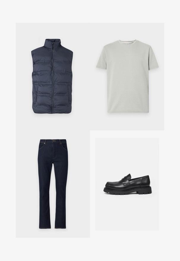 Navyblå polstret ærmeløs vest med lynlås foran og høj krave, designet til varme og afslappet brug.; Lys grå kortærmet t-shirt med et struktureret mønster, rund hals og lige kant. Fremstillet af blødt, åndbart stof.; Mørkeblå straight-leg denim jeans med forlommer, bæltestropper og knaplukning.; Sort læderloafer med tyk rillede sål og penny-remdetalje, vist i højre sideprofil på hvid baggrund.