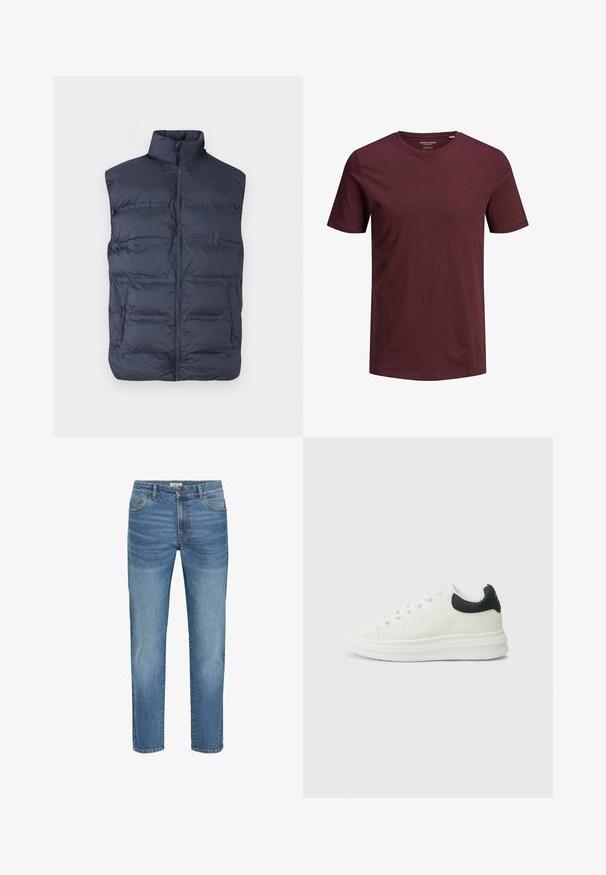 Marineblauw gewatteerd mouwloos vest met ritssluiting aan de voorkant en hoge kraag, ontworpen voor warmte en casual gebruik.; Bordeaux T-shirt met korte mouwen van katoen. Heeft een ronde hals en een standaard pasvorm, met een gladde, egale textuur en zonder zichtbare patronen.; Lichtblauwe denim jeans met een klassiek recht model, voorzien van vijf zakken, metalen knoopsluiting en een lichte vervaging op de stof.; Witte leren sneaker met een zwarte hielaccent, ronde neus, platte witte zool en vetersluiting. Minimale perforaties aan de zijkanten.