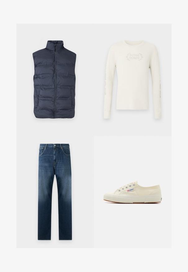 Marineblauw gewatteerd mouwloos vest met ritssluiting aan de voorkant en hoge kraag, ontworpen voor warmte en casual gebruik.; Crèmekleurig geribd T-shirt met lange mouwen, met "DODGE DEMON" geborduurd op de voorkant en afbeeldingen gedrukt op de rechter mouw. Zachte textuur.; Donkerblauwe denim jeans met een recht gesneden pijp. Kenmerken zijn onder andere voorzakken, een ritsluiting en een subtiele vervaging richting de zoom.; Beige canvas sneaker met een laag profiel, metalen oogjes en rubberen zool. Beschikt over een textuurpatroon en logodetail aan de zijkant.
