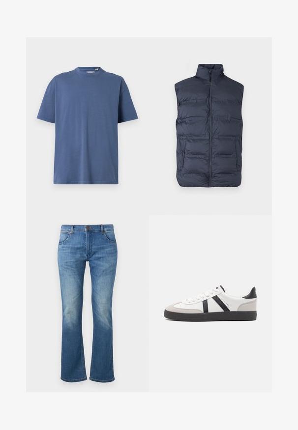 Marineblauw gewatteerd mouwloos vest met ritssluiting aan de voorkant en hoge kraag, ontworpen voor warmte en casual gebruik.; Blauwe T-shirt met korte mouwen van zacht katoen, met een ronde hals en een relaxte pasvorm, met minimale stikdetails.; Blauwe denim jeans met een licht uitlopende pijp, knoop- en ritssluiting aan de voorkant, en vervaagde plekken op dijen en knieën.; Witte sneaker met zwarte en grijze accenten, voorzien van een grijze neus met textuur, zwarte rubberen zool en platte witte veters. Schoon ontwerp, minimalistische stijl.