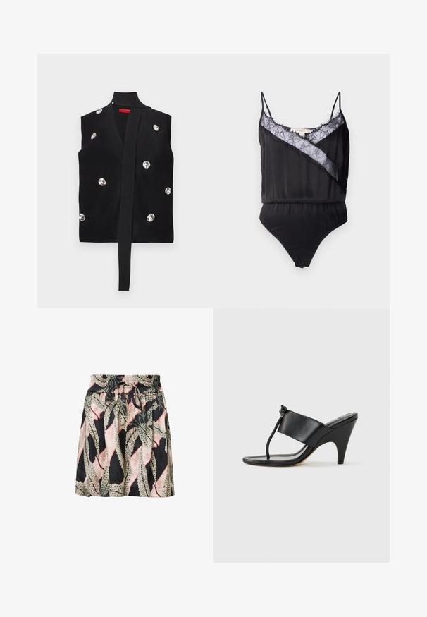 Zwart gebreid mouwloos vest met een strik aan de voorkant, versierd met grote, ronde strass-steentjes verspreid over de stof.; Zwart bodysuit met dunne bandjes, voorzien van een kanten overlay en rafelige randen langs de halslijn en een contrasterend diagonaal paneel. Glad textuur van de stof.; Rok met bloemenprint op een zwarte achtergrond, elastische tailleband, trekkoorddetail en een lichte, gladde textuur.; Zwarte sandaal met hoge hak, voorzien van een brede voorband en een teenlus met een knoopdetail van koord, vanuit zijaanzicht getoond op een witte achtergrond.