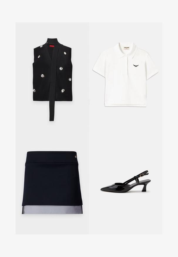 Zwart gebreid mouwloos vest met een strik aan de voorkant, versierd met grote, ronde strass-steentjes verspreid over de stof.; Witte polo met korte mouwen, voorzien van een zwart vleugel logo op de linker borst en een klassieke kraag. Soepele stof.; Zwarte rok met een goed passende tailleband en een doorschijnende mesh onderrand. De stof is soepel met een gestructureerd ontwerp, met een kleine metalen accent.; Zwarte lakleren slingback kitten heel schoen met spitse neus en verstelbare gouden gespsluiting op een witte achtergrond.