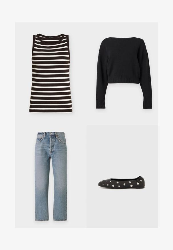 Ärmelloses schwarz-weiß gestreiftes Stricktop mit rundem Ausschnitt vor einfarbigem Hintergrund.; Schwarzer kurz geschnittener Pullover mit langen Ärmeln, weitem Ausschnitt und gerippten Bündchen und Saum, auf schlichtem hellgrauem Hintergrund dargestellt.; Helle blaue Jeans mit geradem Schnitt, hoher Taille und klassischem Fünf-Taschen-Design. Mit subtilen Ausbleichungen und einem Reißverschluss.; Schwarzer Ballettflachschuh mit elastischem Fersenband und verstreuten großen silbernen Rundnieten auf der Oberseite, seitlich auf weißem Hintergrund gezeigt.