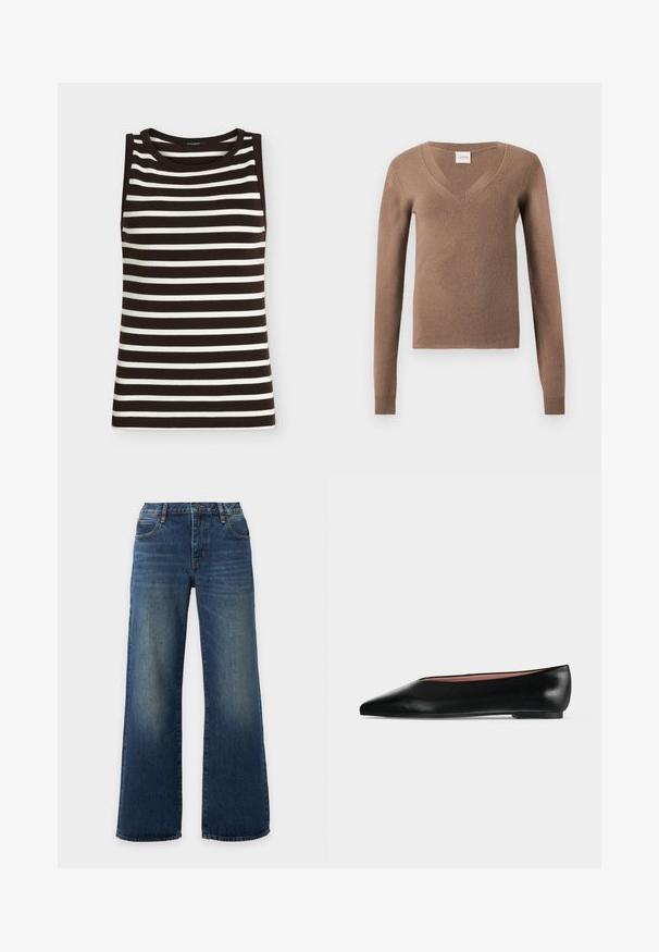 Haut en maille sans manches noir et blanc à rayures horizontales avec un col rond sur un fond uni.; Pull marron à manches longues avec col en V, poignets côtelés et petite étiquette cousue à l'encolure.; Jean en denim bleu à jambes larges avec poches avant et zones décolorées sur les cuisses et les genoux sur un fond clair.; Chaussure plate en cuir noir pour femme, avec bout pointu et petit talon, vue de côté sur un fond gris clair uni.