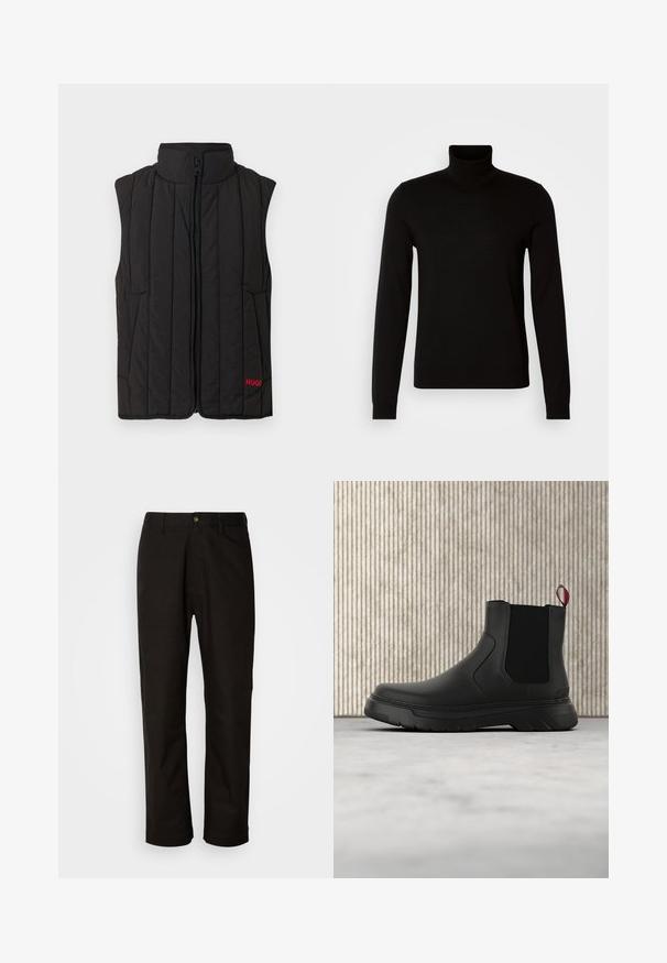 Sort polstret vest med høj krave, forreste lynlås og to sidelommer. "HUGO"-logo i rødt på venstre side. Letvægtsstof.; Sort turtleneck sweater lavet af et fint strikket stof, der har lange ærmer og en tætsiddende silhuet. Glat tekstur med ribbede manchetter.; Sorte bomuldsbukser med lige pasform, bæltestropper, lynlås foran og en enkelt knappelukning. Glat tekstur uden synlige mønstre.; Sort ankelstøvle med en glat overflade, elastiske sidepaneler og en kontrasterende rød træksløjfe, der har en tyk gummisål og rund tå.