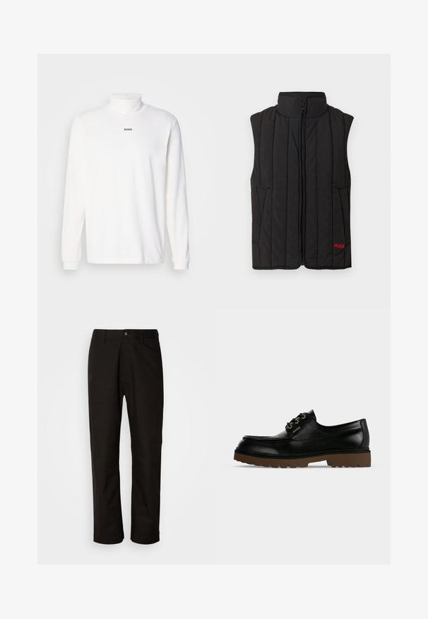 Chaleco acolchado negro con cuello alto, cremallera frontal y dos bolsillos laterales. Logo "HUGO" en rojo en el lado izquierdo. Tejido ligero.; Camisa de cuello alto de manga larga blanca, hecha de una tela suave, con un sutil logo negro "HUGO" en la parte delantera y puños ajustados.; Pantalones de algodón negros con corte recto, presillas para el cinturón, cremallera frontal y un solo botón de cierre. Textura suave sin patrones visibles.; Zapato de piel negro de corte bajo con suela gruesa marrón estriada, cordones delanteros y logo dorado "Hugo" en el lateral.