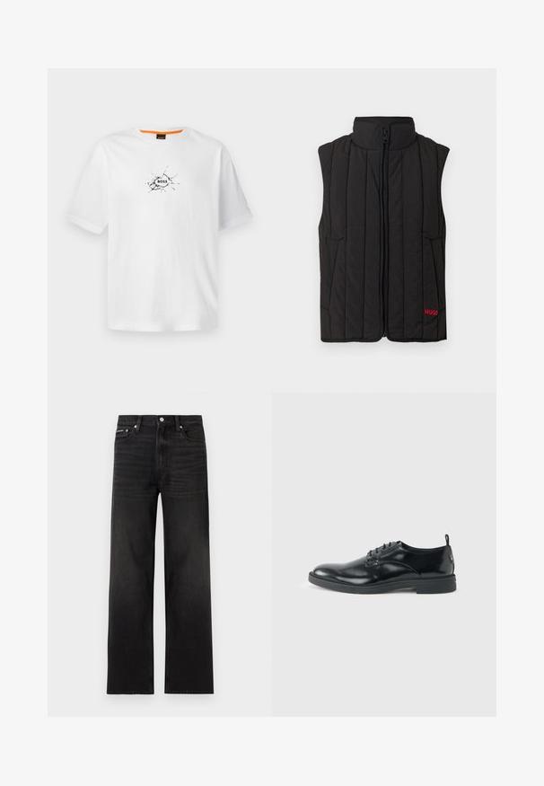 Chaleco acolchado negro con cuello alto, cremallera frontal y dos bolsillos laterales. Logo "HUGO" en rojo en el lado izquierdo. Tejido ligero.; Camiseta de algodón blanca con cuello redondo, que presenta un diseño negro agrietado y la palabra "BOSS" en el centro. Manga corta.; Jeans negros de pierna recta con diseño de cinco bolsillos, presillas para cinturón y cierre de botón, mostrados sobre un fondo blanco.; Zapato de vestir negro de cuero brillante con tacón bajo, cierre de cordones y puntera redonda, mostrado de lado sobre un fondo claro y liso.
