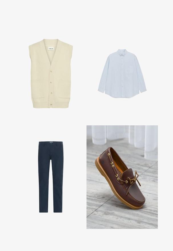 Cardigan sin mangas de color crema con escote en V, que presenta botones en la parte frontal y dos bolsillos laterales. Se puede ver un tejido de punto texturizado.; Camisa de cuadros azul claro, confeccionada en algodón, con rayas verticales blancas, un bolsillo en el pecho y un cuello clásico. Mangas largas.; Chinos de color azul marino fabricados en una mezcla de algodón, con cierre de botón, piernas rectas y una textura suave sin estampados ni acentos.; Zapato náutico de cuero marrón con ojales dorados, parte delantera con cordones y suela de goma color beige. Superficie texturizada y logo en el lateral.