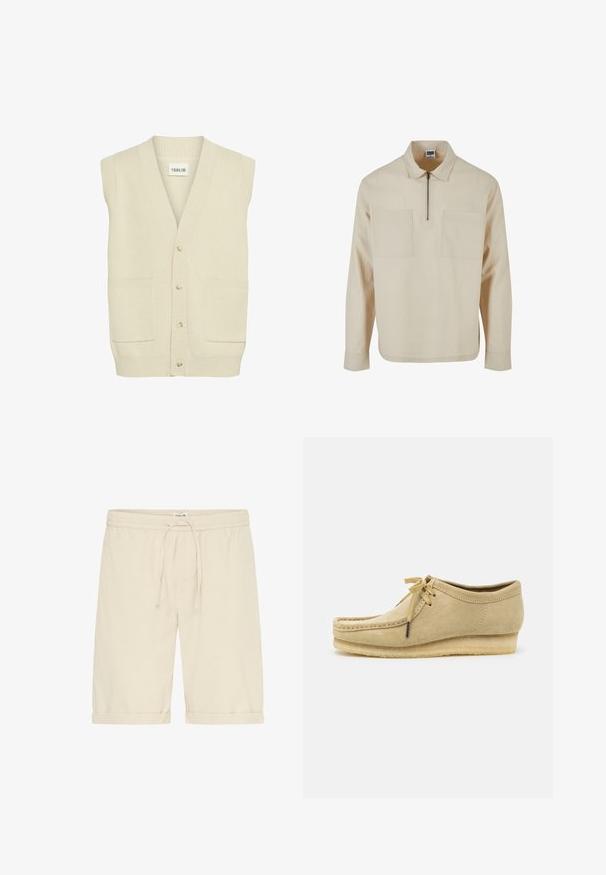 Cardigan sans manches de couleur crème avec un col en V, doté de boutons sur le devant et de deux poches latérales. Un tissu en tricot texturé est visible.; Pull en beige fabriqué dans un tissu texturé, dotée d'une fermeture zippée à moitié, de deux poches avant et de longues manches avec un ourlet droit.; Short beige en coton avec taille élastique et cordon de serrage. Ourlets retournés et texture lisse, présentant des détails de design minimalistes.; Chaussure en daim beige avec un design à lacets, des détails cousus et une semelle en caoutchouc. La forme est décontractée avec un léger talon compensé.
