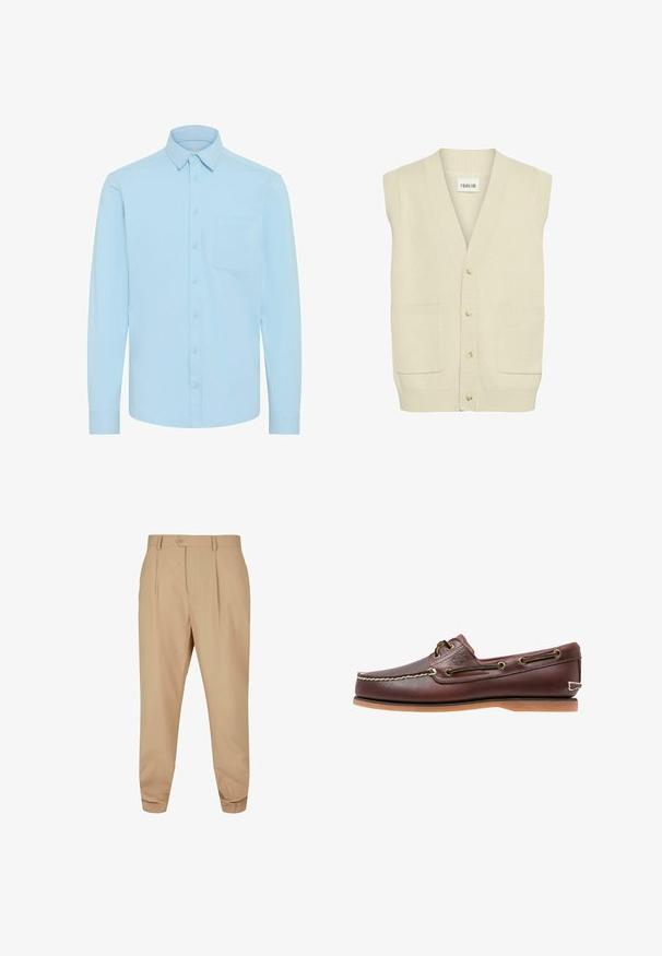 Cardigan sans manches de couleur crème avec un col en V, doté de boutons sur le devant et de deux poches latérales. Un tissu en tricot texturé est visible.; Chemise boutonnée bleu clair avec manches longues, un col classique et une poche poitrine unique. Fabriquée à partir d'un tissu lisse avec un design uni.; Pantalons beiges ajustés avec des plis, fermeture à bouton, passants de ceinture et jambes fuselées sur fond blanc.; Chaussure bateau en cuir marron avec coutures blanches, détails de lacets et semelle en caoutchouc beige, vue de côté sur fond blanc.